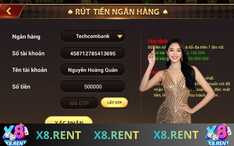 Hệ thống xác nhận giao dịch rút tiền X8 hiển thị trạng thái xử lý thành công