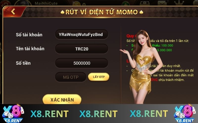 Giao diện rút tiền thắng cược tại cổng game X8 đơn giản và nhanh chóng